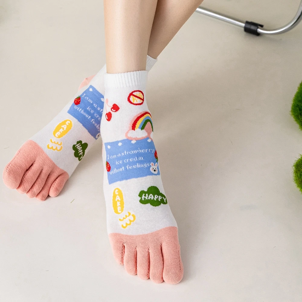 5 Pairs Kawaii Cute Women Toe Socks with Separate Fingers High Quality Cotton Five Finger Socks Cartoon Sports Ankle Socks