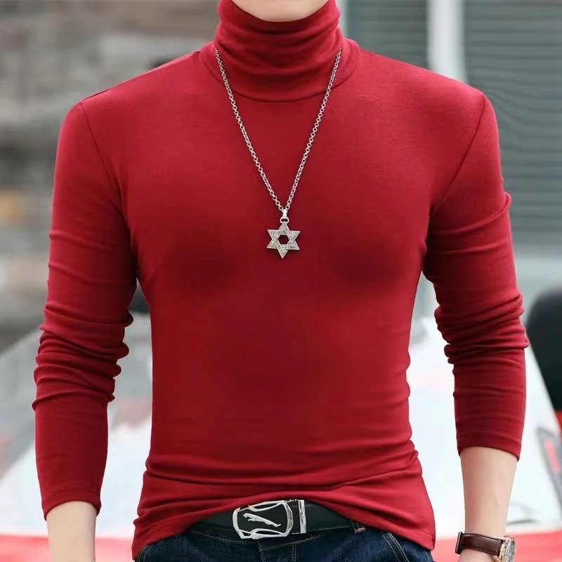 الأساسية قاع تي شيرت عادي موضة الرجال عادية سليم صالح الأساسية الياقة المدورة عالية طوق البلوز الذكور الخريف الربيع رقيقة القمم