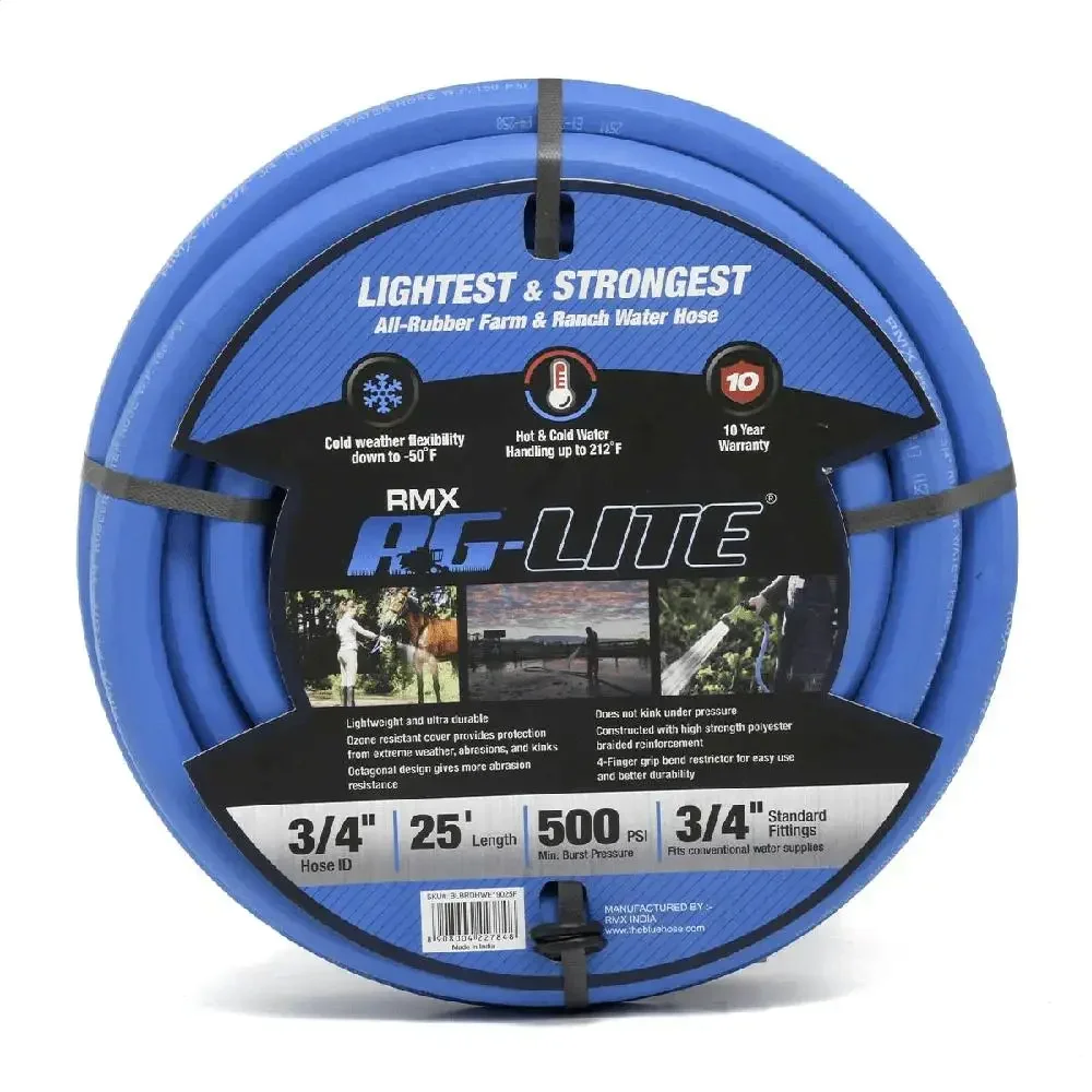 

AG-LITE 3/4" Rubber Water Hose 25ft Ultra Durable Flexible Hot & Cold Water Use Crush Proof Brass Couplings UV Resistant 500 PSI