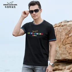 New Summer Straight Men's Black T Shirt Round Neck Bruce&Shark Embroidery Men's Causal Tees Breathable Lapel Tops Big Size 4XL