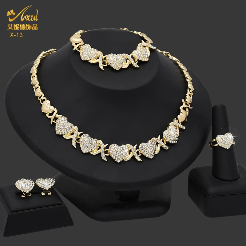 XOXO Women Jewelry Necklace Set 18K Gold Color Bride Heart-Shaped Rhinestone Wedding Necklace Earrings Bracelet Ring Set Gift