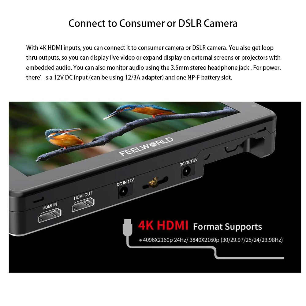 FEELWORLD Portable Monitor HDMI LUT7 pro 7 Inch 2200nits 3D LUT DSLR Director AC Monitor F970 External Power