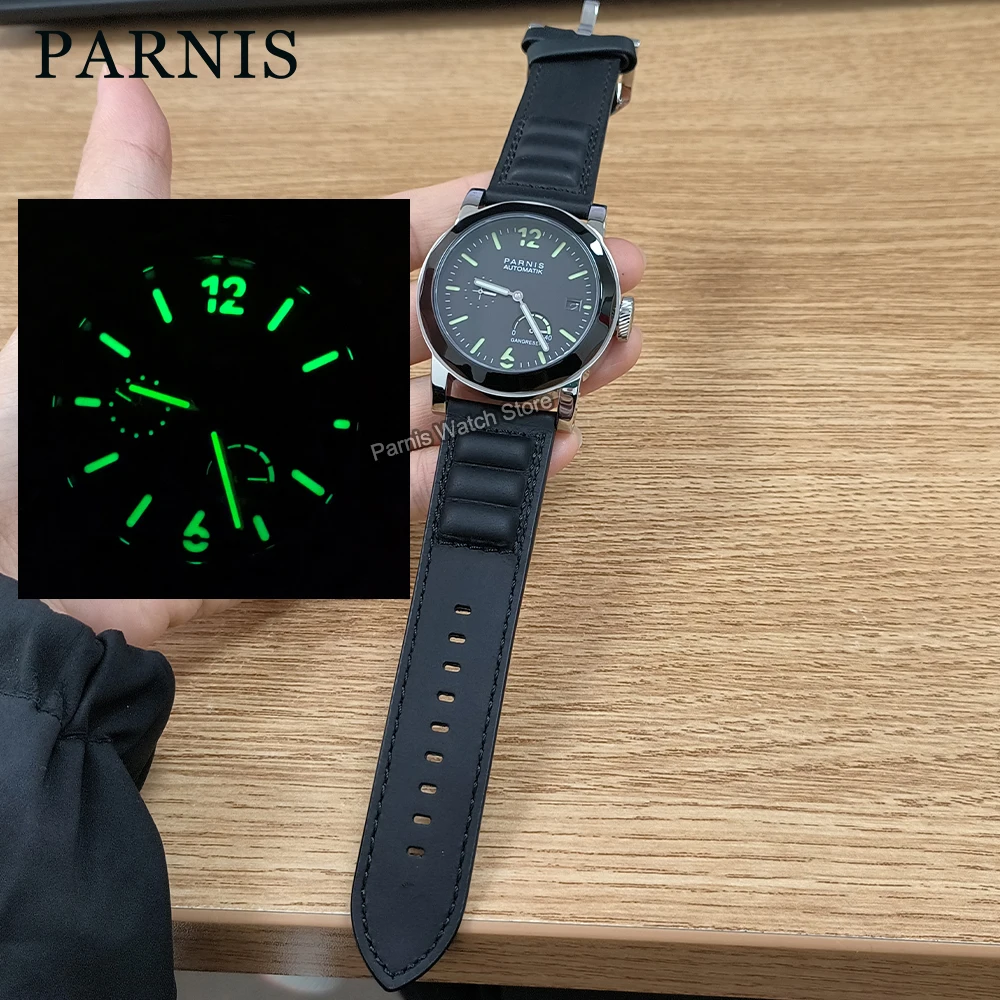 

Мужские часы Parnis с автоматическим механизмом Power Reverse, 44 мм, черный циферблат, сапфировый светящийся знак