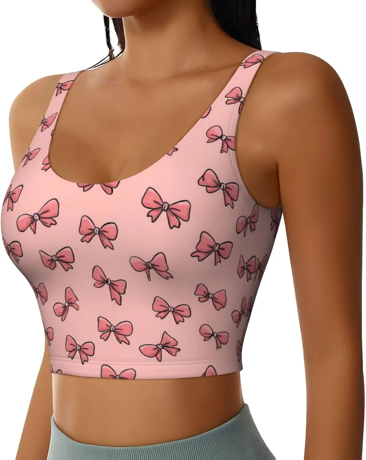 Pink Bows Girly Tops U Back Longline Sports Bras for Women Yoga Workout Crop Top with Built in Pads