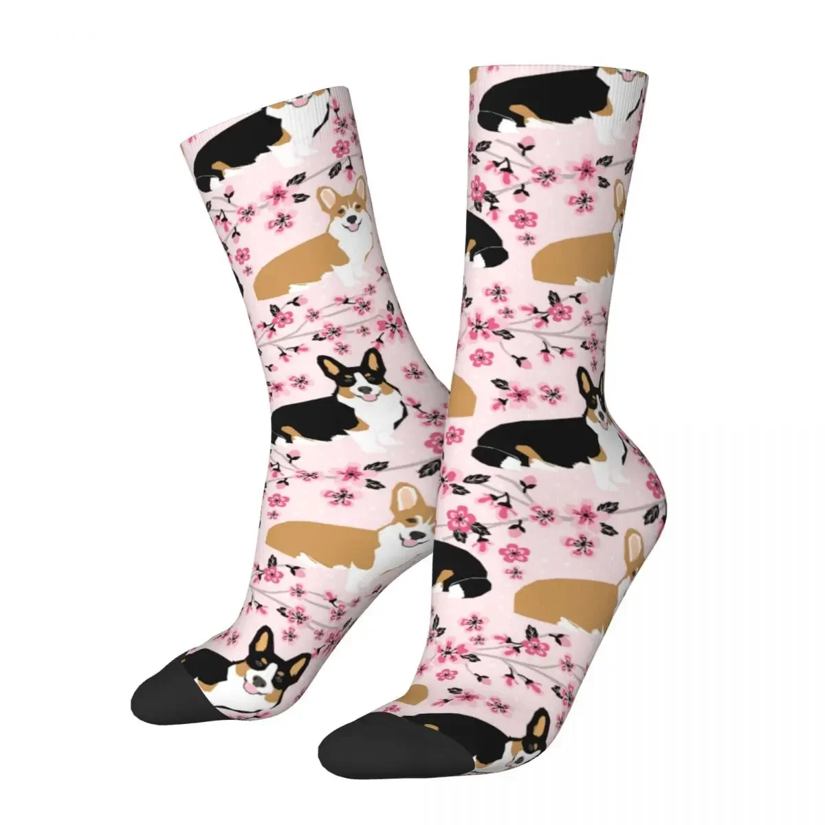 

Retro Corgi Dogs Pink Cherry Blossom Floral Skateboard Socks Animal Polyester Long Socks for Unisex Non-slip