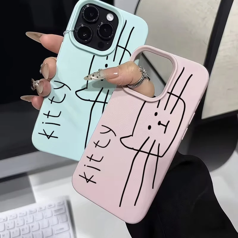 مجردة الإبداعية لطيف و القط خط Lichee نمط غطاء من السيليكون آيفون 16 برو ماكس 15 14 زائد 13 12 11 XS ماكس X XR 16 غطاء