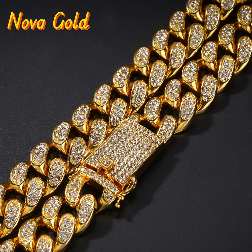 

NovaGlod Luxury 24K 9999 Pure Gold real gold 20mm Full Diamond Men's Miami Cuban Chain Necklace bracelet