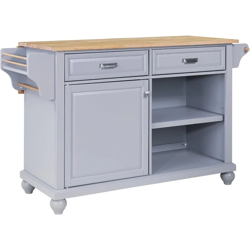 Kitchen Island with Rubberwood Drop Leaf on Wheels &Solid Wood Feet, 57.6 Inch Width/32 Inch Depth, Rolling Kitchen Island