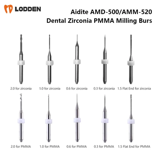 Fresas dentales Aidite AMD-500 AMM-520, fresa con revestimiento de diamante CC, taladro de diámetro 2,0/1,0/0,6/0,3mm para circonita PMMA
