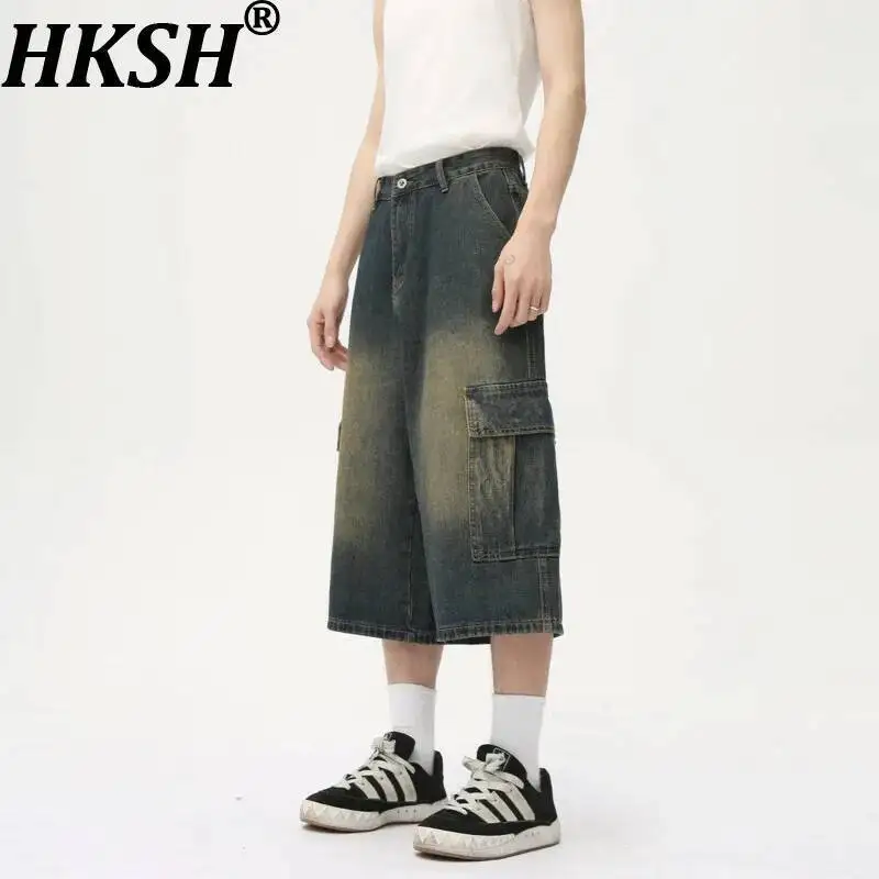 

HKSH Spring New Tide Men's Clothing American High Street Vibe Cropped Jeans Washed Vintage Safari Style Pockets Wide-Leg HK24011