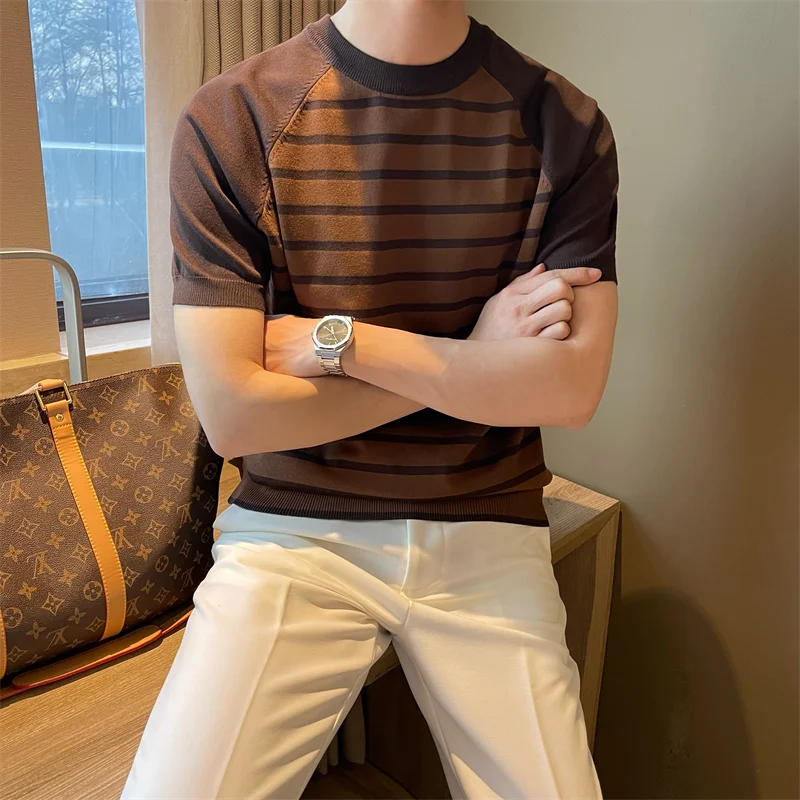 2024 Summer New Men Crew Neck Stripe Color Blocking Pullovers Korean Version Fashion Casual Short Sleeve Knitted T-shirt Tops