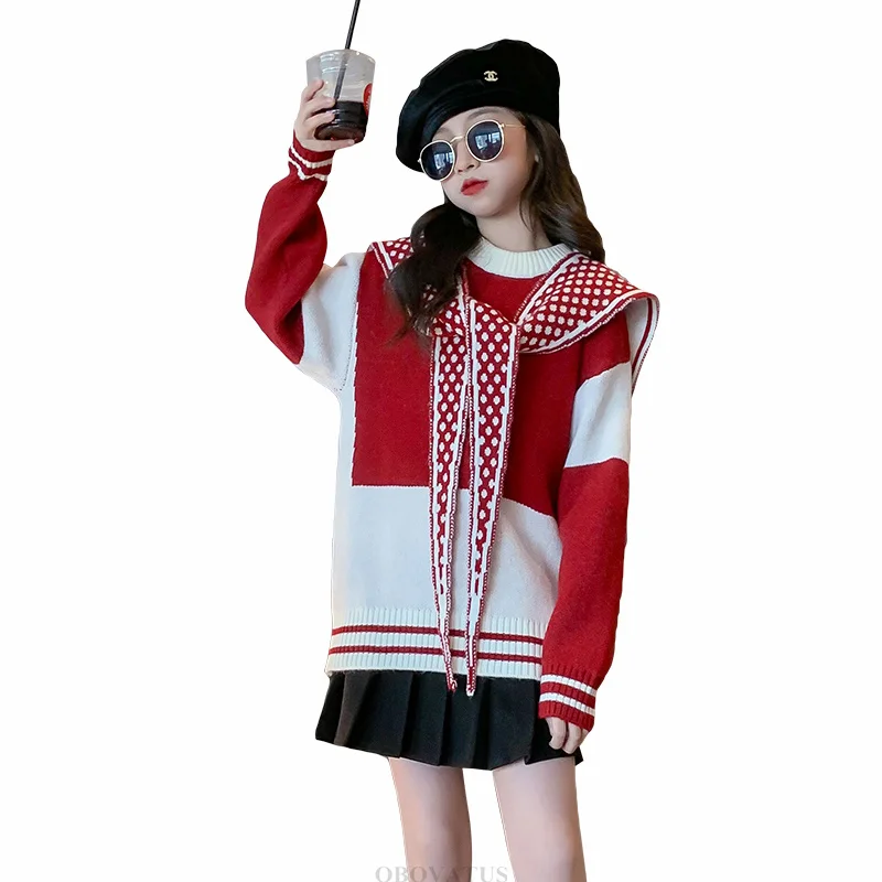 New Designer Kids Sweater with Cape for Girls High Fashion Street Knitwear with Scarf Teenage Child Casual Knitted Clothing