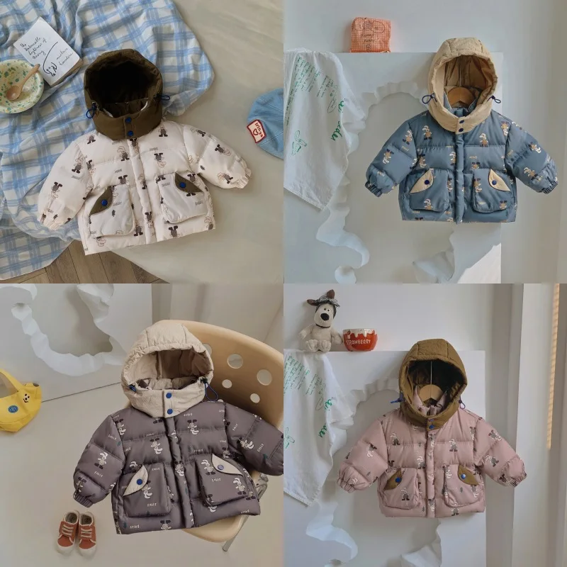 Childrens Boys Down Jacket Thickened Winter 2024 New Cartoon Printed Splicing Kids Baby Boys Coat Hooded Warm Toddler Boy Jacket