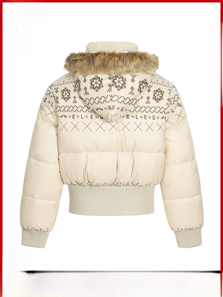 

GPstudio Американская хлопковая куртка с капюшоном и принтом Fair Isle, женская зимняя универсальная модель с меховым воротником, приталенная, модная, из хлопка.