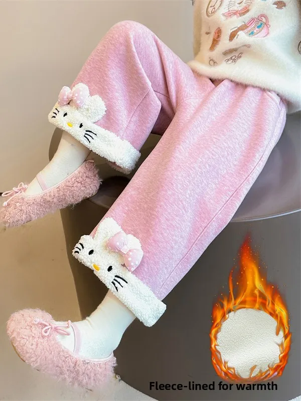 กางเกงขายาวเด็กผู้หญิง ลายพิมพ์น่ารัก เอวสูง ผ้าหนา อุ่น ใส่สบาย ทรงตรง ปลายขาจั๊มพ์