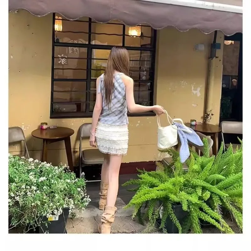 Summer Beige High Waist Lace Splice Cake Mini Skirts Women Korean Fashion Casual Harajuk Straight Bodycon Short Skirt Jupe Femme