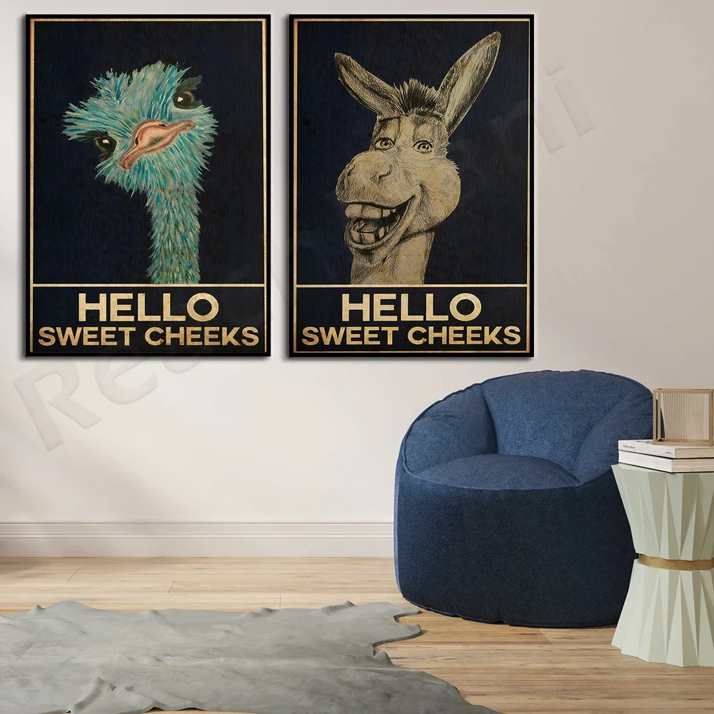 Donkey, ostrich hello sweet cheek poster, funny comedy animal art print, wall art decoration, retro, quote design, funny