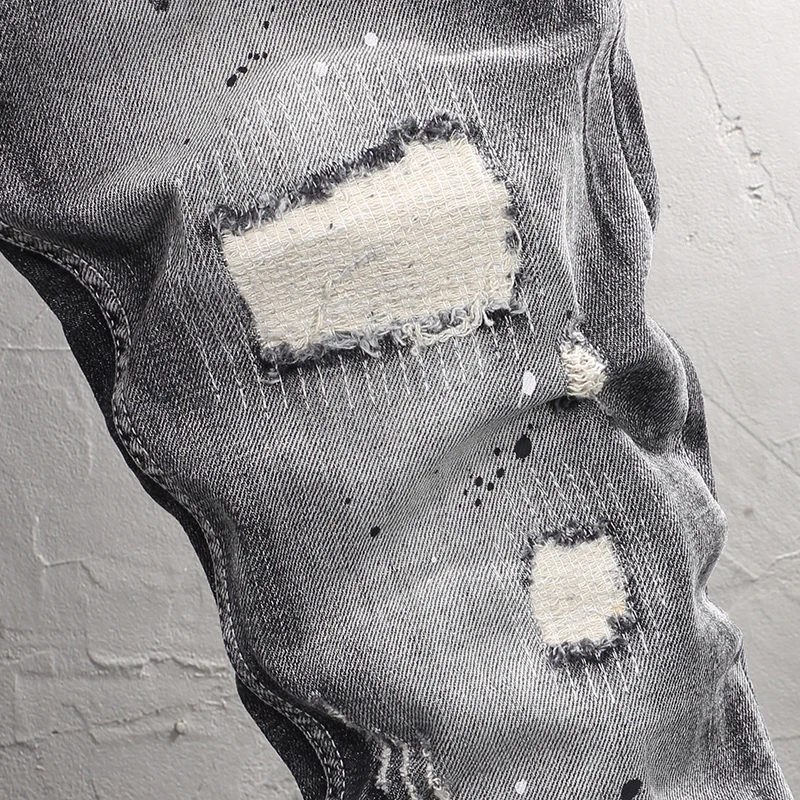 Designer Fashion Men Jeans High Quality Retro Black Gray Stretch Patched Ripped Jeans Men Y2K Painted Vintage Denim Pants Hombre