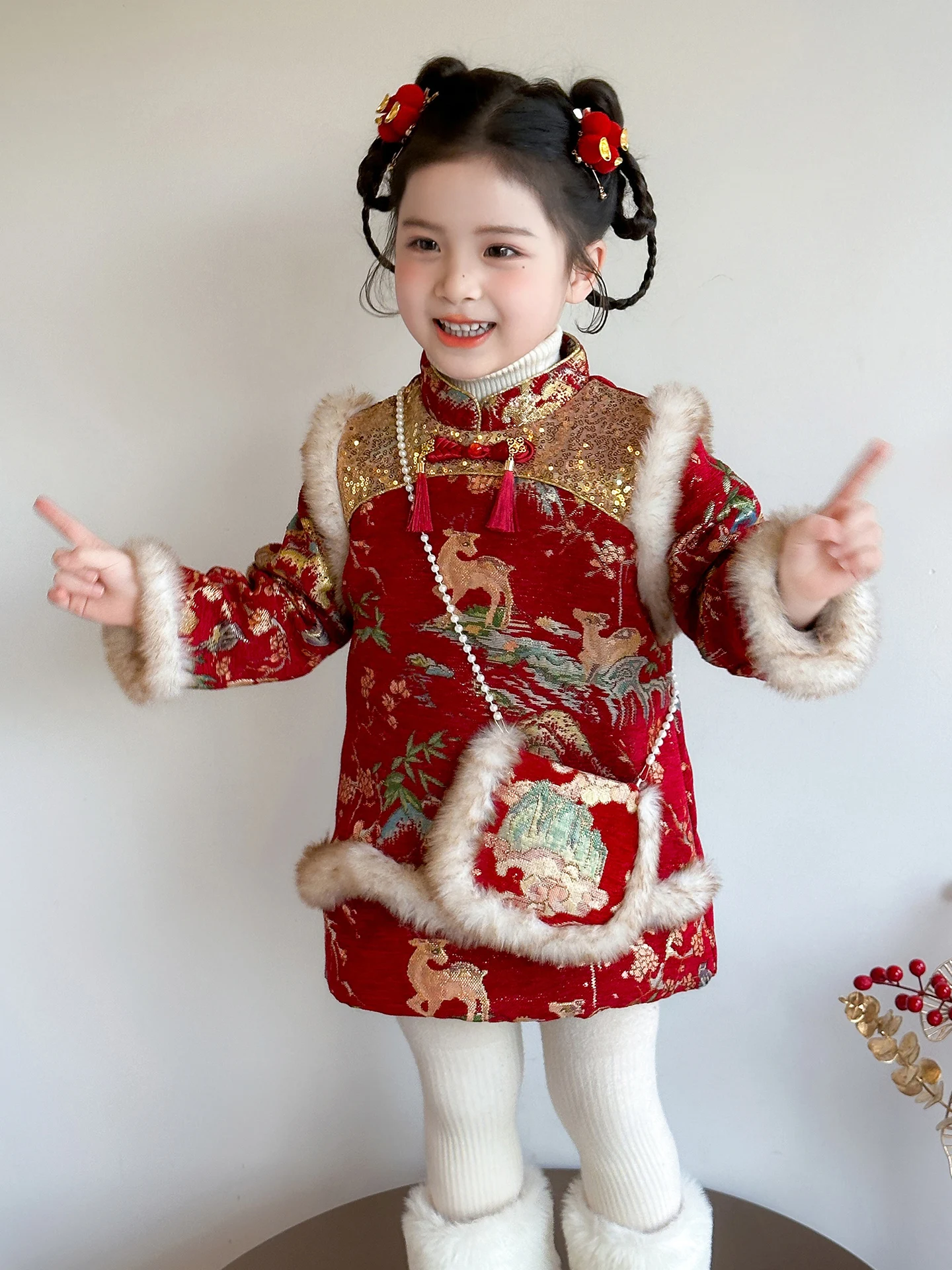女の子の伝統的な中国風チャイナドレス明るいスパンコール新年の衣装冬暖かい長袖ミッドレングスガウン