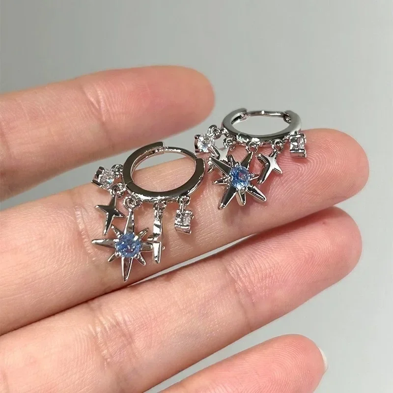 Pendientes de aro colgantes con borlas y estrellas de cristal blanco y azul Punk para mujer, moda coreana, pendiente Piercing fresco, joyería Y2K para fiesta