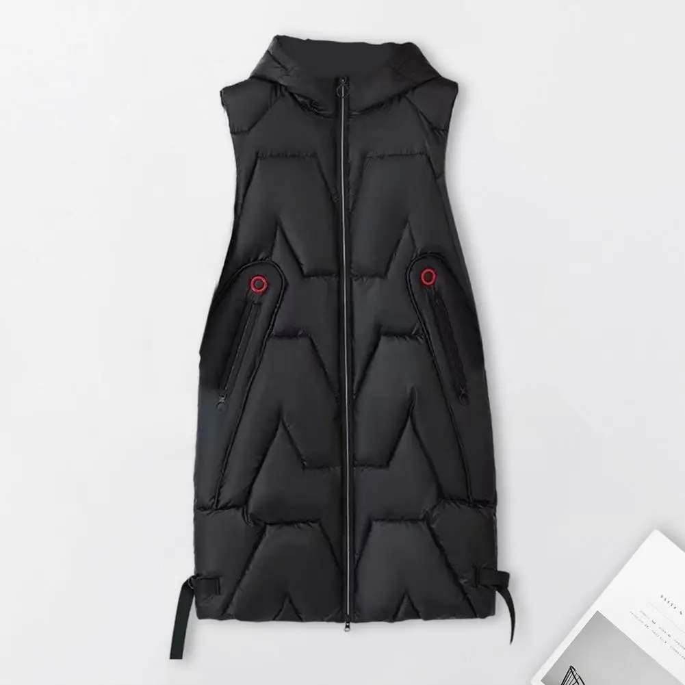 Winter Women Waistcoat Thick Sleeveless Glossy Surface Hooded Coat Mid Length  Zipper Closure Padded Outdoor Coat With Pockets