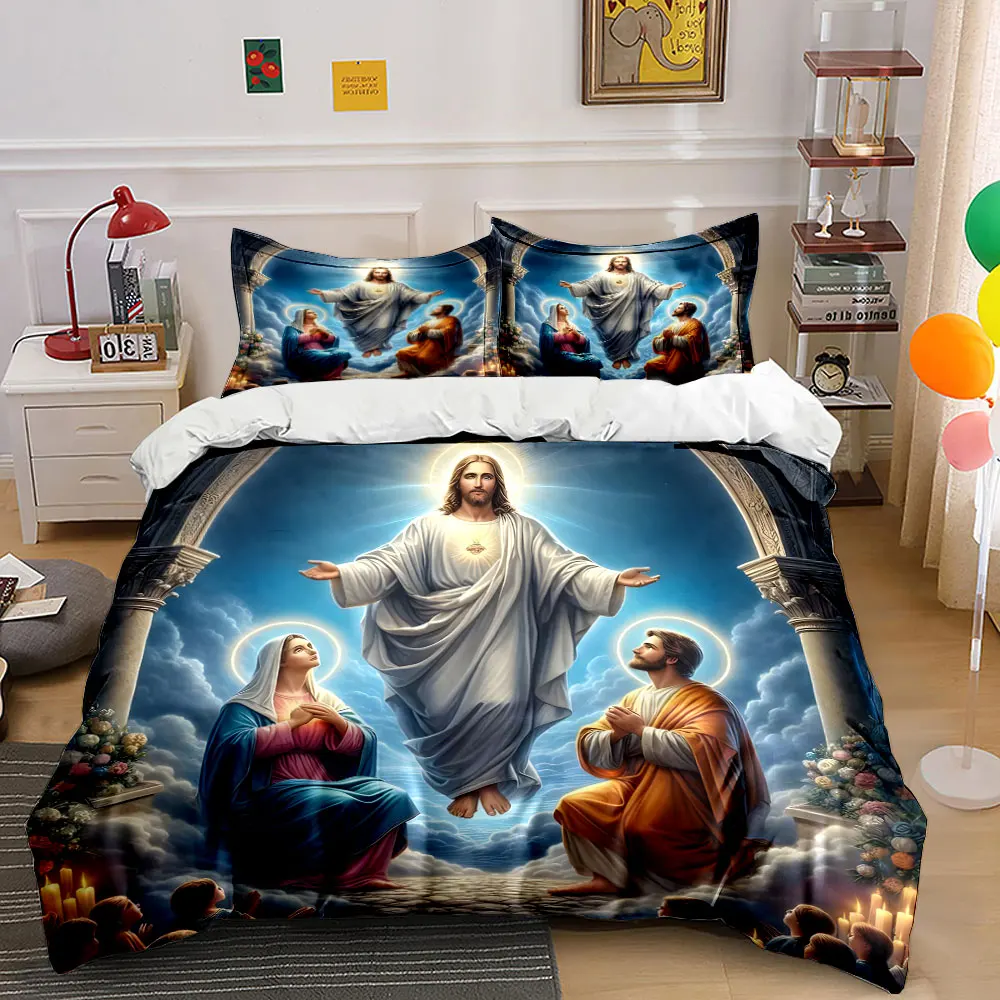 Jesus Ascension Devotional Scene Print Bedding Set 1 Duvet Cover 2 Pillowcases for Adult and Children Luxury Gift Full Size