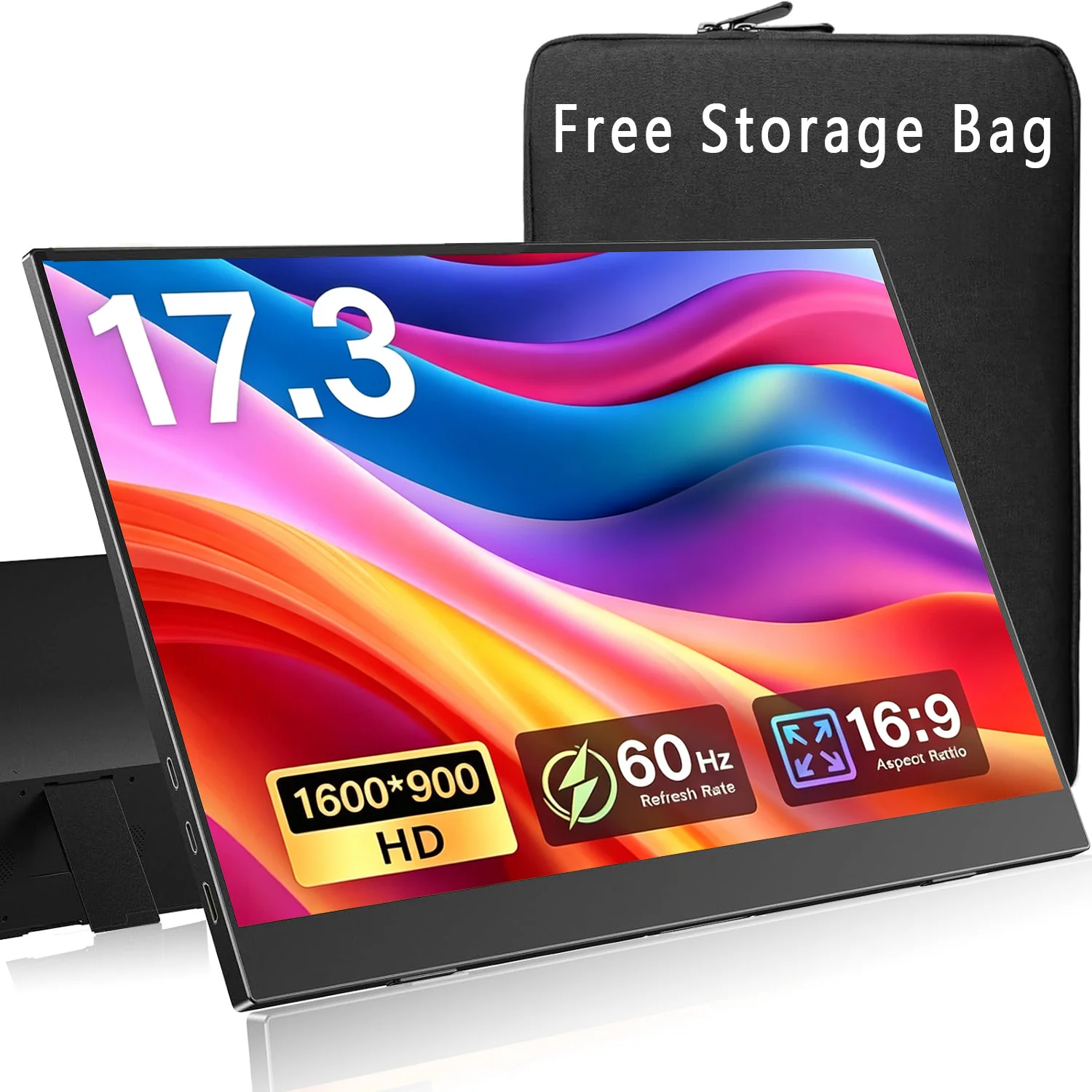 AHXJKA 17.3 Inch Portable Monitor IPS HD 1600*900 72%sRGB VESA External Second Screen for Phone Laptop TV PC PS4/5 Game Consoles