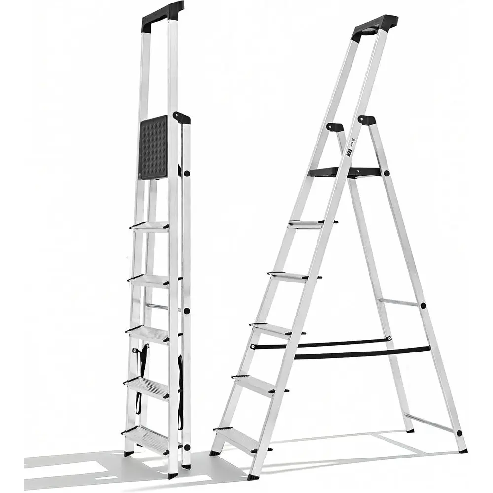 

Шестиступенчатая складная лестница-табурет с широкими противоскользящими подножками и поручнями, грузоподъемность 150 кг, для дома и кухни