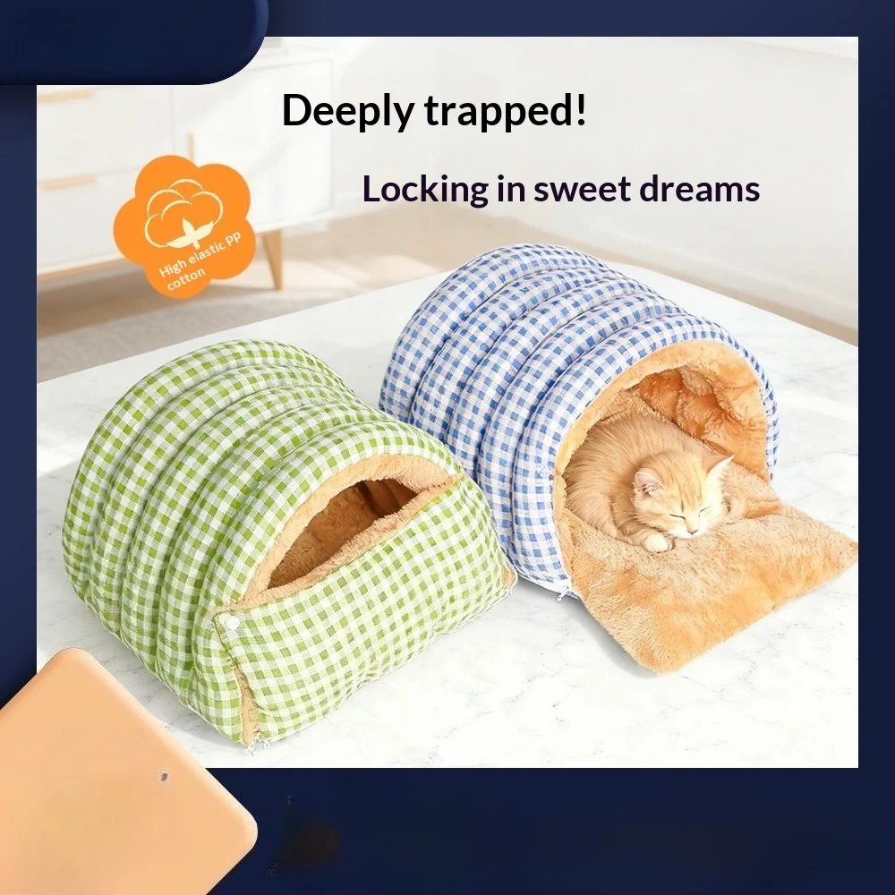

Закрытая кровать для кошек — зимний теплый моющийся домик со съемной плюшевой подкладкой, спальный мешок для домашних животных-обнимашек для маленьких собак и кошек