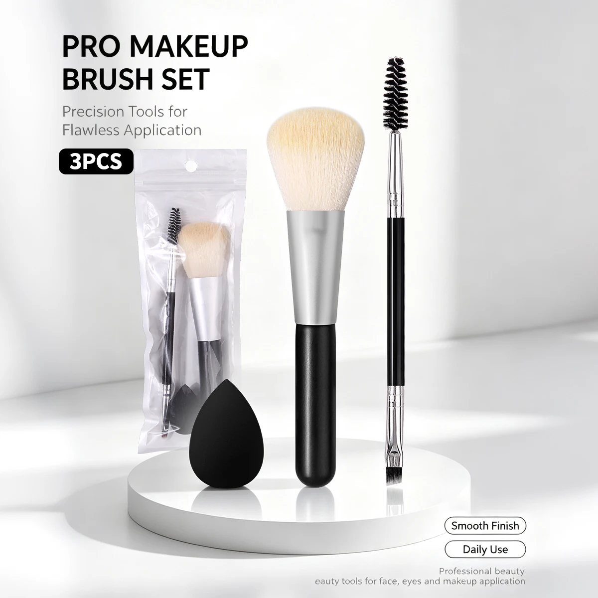 3Pcs Makeup Brushes Set with Beauty Blender, Soft Powder Brush & Dual Eyebrow Brush for Face & Eye Makeup