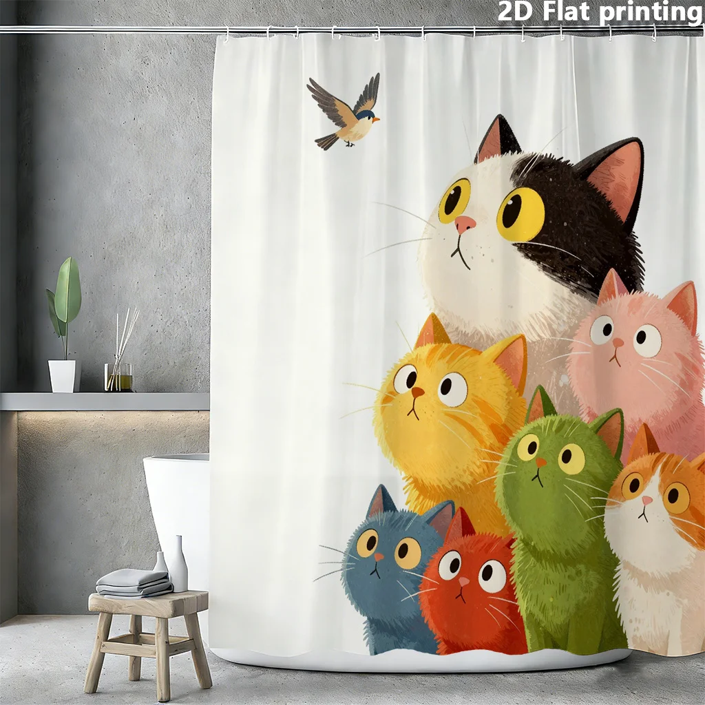 Cute Cat Shower Curtain, Colorful Stacked Kittens & Bird Print Waterproof Bathroom Decor, Pet Lover Home Bath Screen