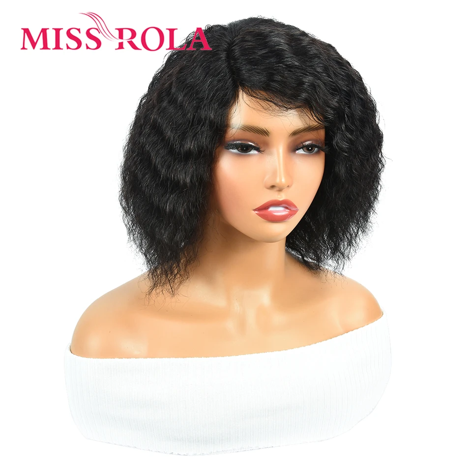 Miss Rola Brazilian 4X1 Lace Part Human Hair Wigs Right Side Part Water Wave Wig With Bangs Remy Lace Wig 180% Density