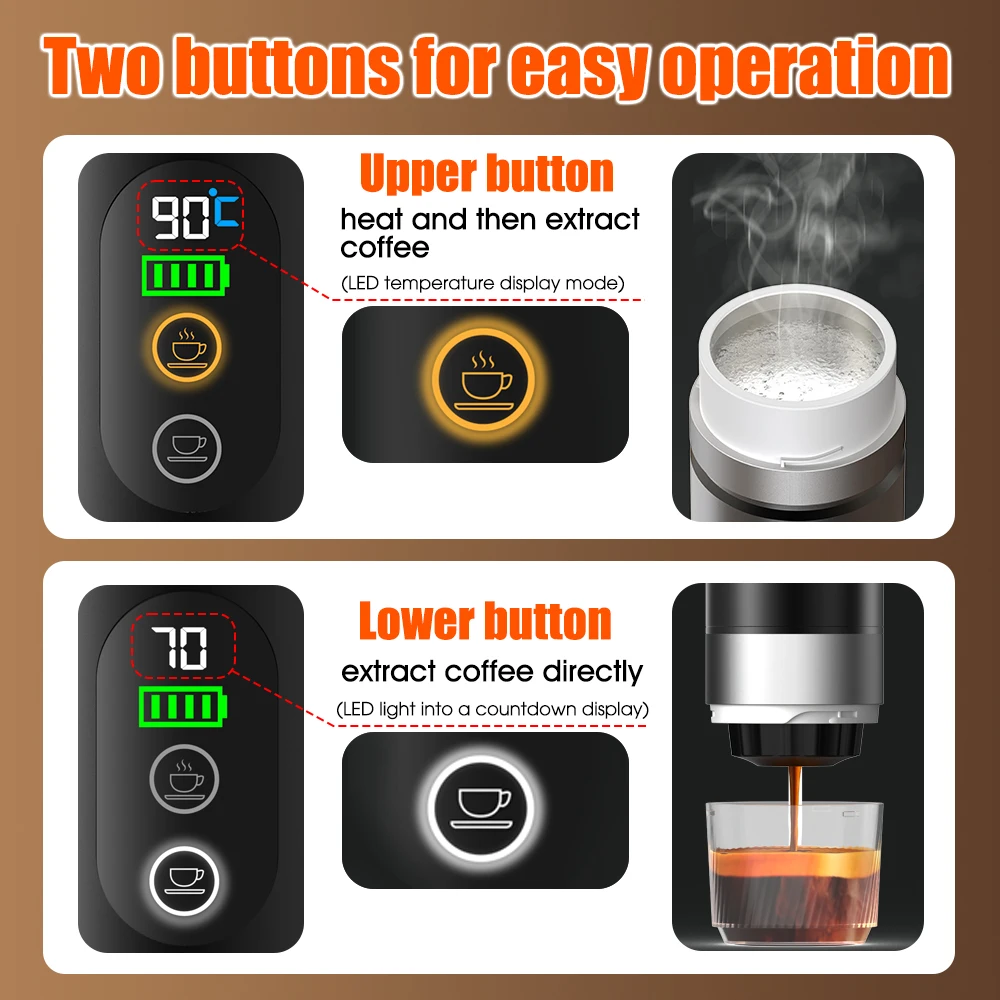 

Rechargeable Drip Coffee Machine 20Bar Self-Heating Espresso with USB-C Charging 50+ Cups Extraction for Travel Camping