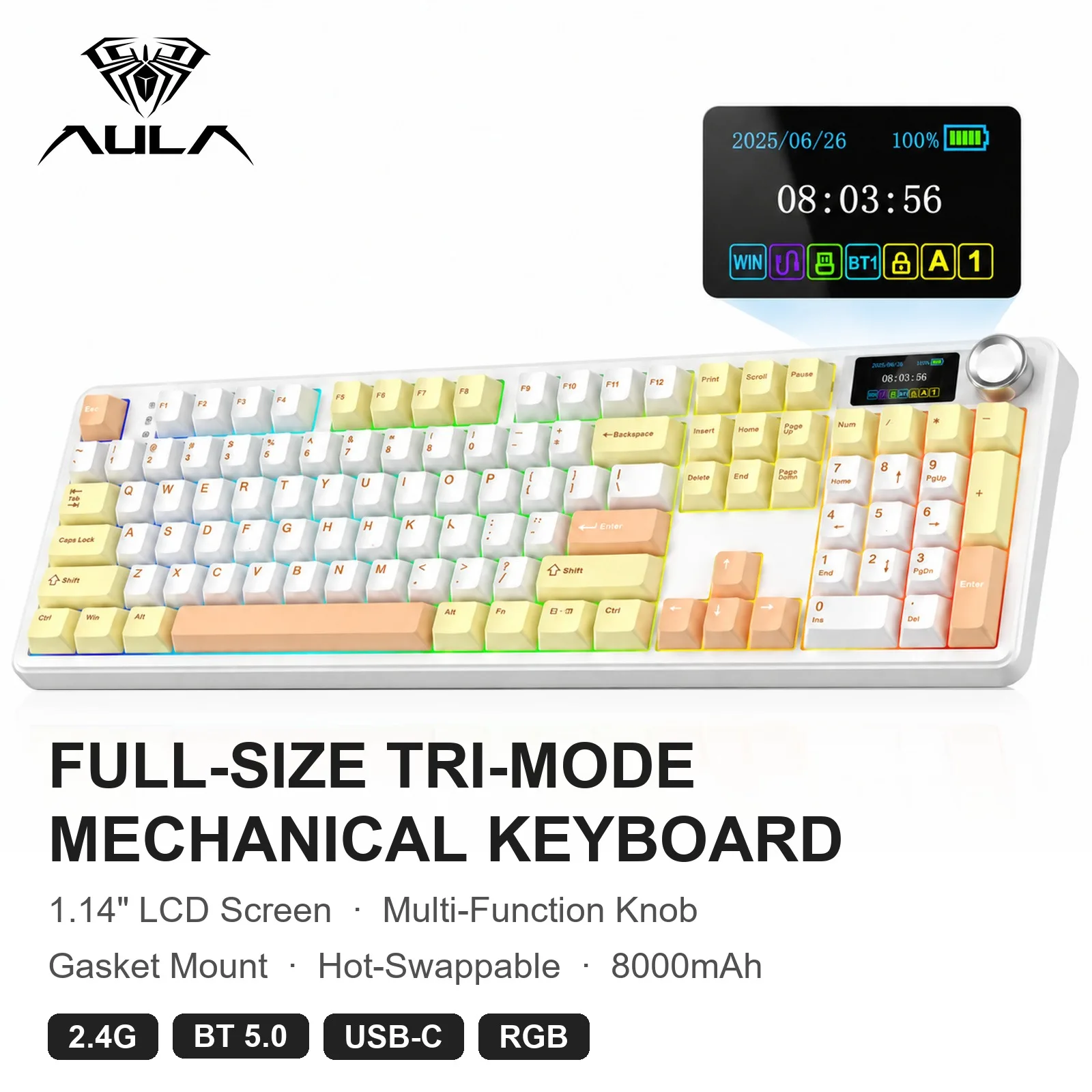 AULA F108 Pro Full Size Gasket Mechanical Keyboard LCD Screen Knob Hot Swap Pre-lubed Switch PBT Keycaps Wireless 8000mAh Cream