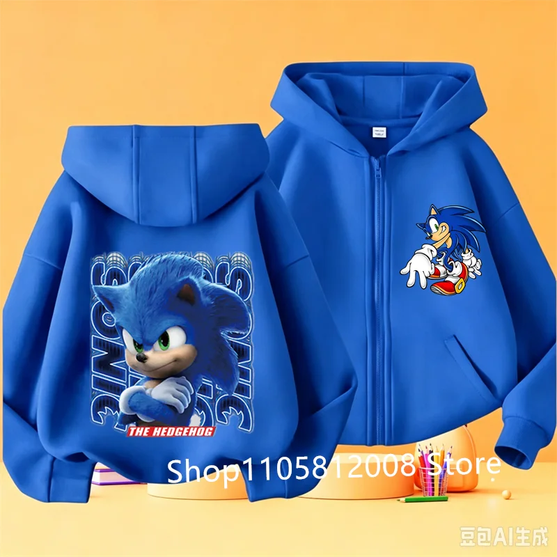 Anime Sonics Kids Thin Hooded Jacket Zipper Sweatshirts Outwear Fashion Spring Fall Hoodies Sportwear Children Clothes Boys Gift