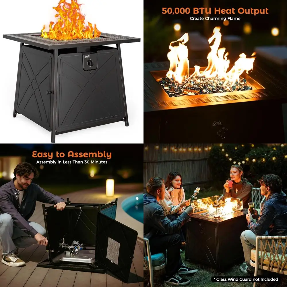 

Square Propane Fire Pit Table 28 Inch, 50,000 BTU Outdoor Gas Fire Pit with Lid, Blue Fire Glass, Patio Heating Element
