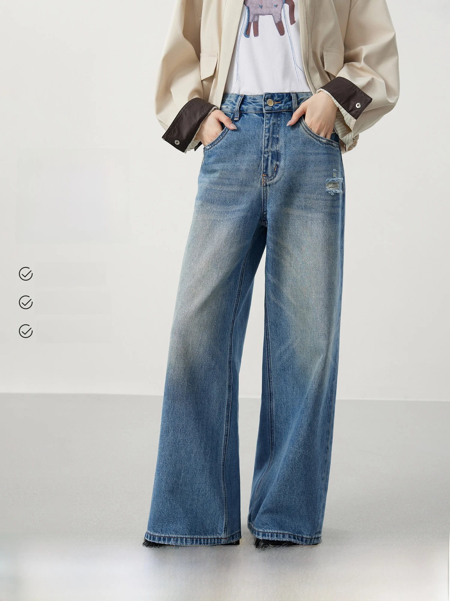 

Casual Washed Silver Thread Cotton Straight Leg Jeans Women's 26 Spring NewMIJOR Brand Natural Waist Wide Leg Pants