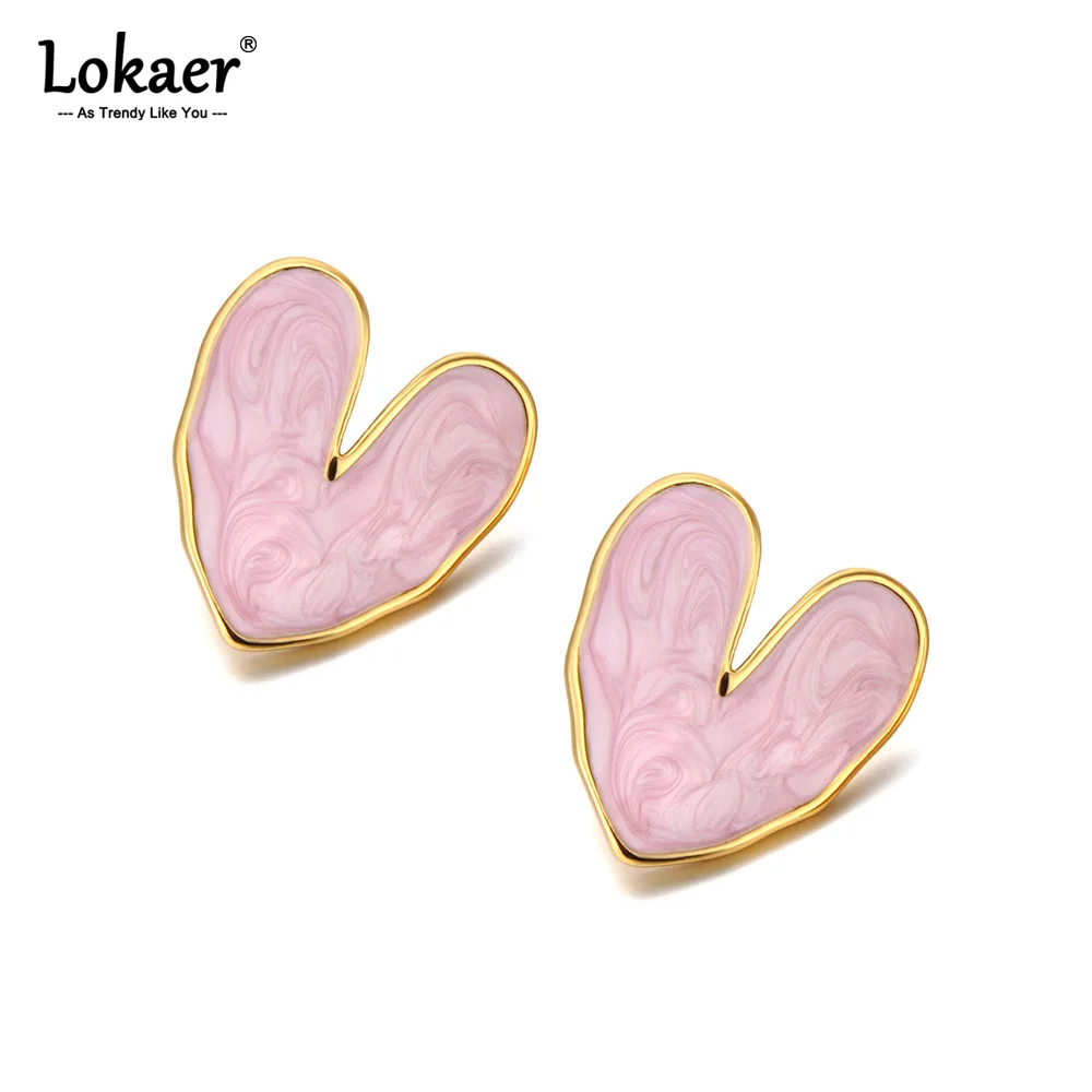 Lokaer Stainless Steel Black/Pink Enamel Heart Stud Earrings 18k PVD Gold Plated Waterproof Fashion Daily Women Jewelry E24204