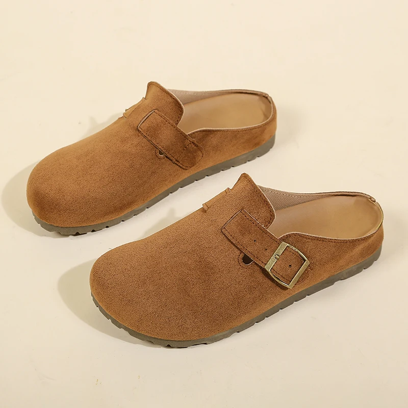 Pantuflas retro para mujer, zuecos de gamuza sin cordones para mujer, mules con punta cerrada y hebilla estilo coreano, pantuflas de exterior a la moda