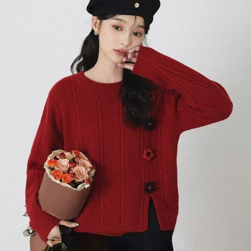 2023 Autumn and Winter New Design Sense Round Neck Hundred with Embroidery Set Head Bottoming Knitted Sweater Women