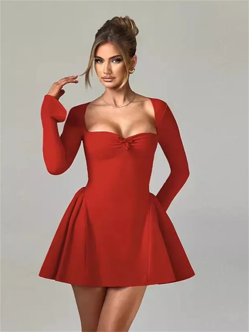 High-End-Abschlussballkleid mit quadratischem Kragen für Heimkehr, Party, einfarbig, schmale Passform, langärmelig, sexy, tief ausgeschnittener, plissierter Abend