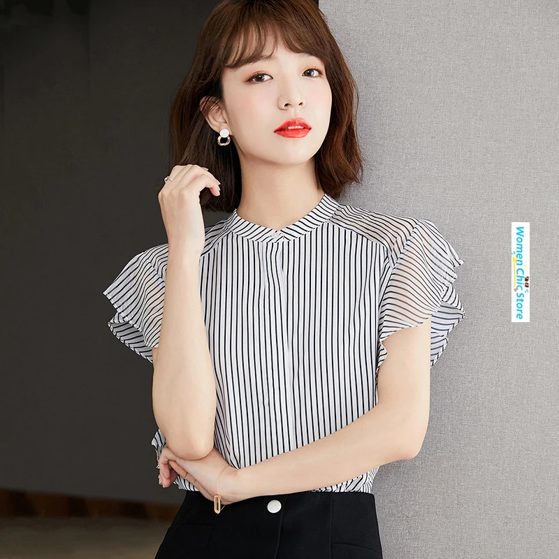 2024 Summer Spliced Stripe Blouse Women Ruffles Short Sleeve O-neck Elegant Chic Slim Casual Shirt Tops Camisas De Mujer B1189