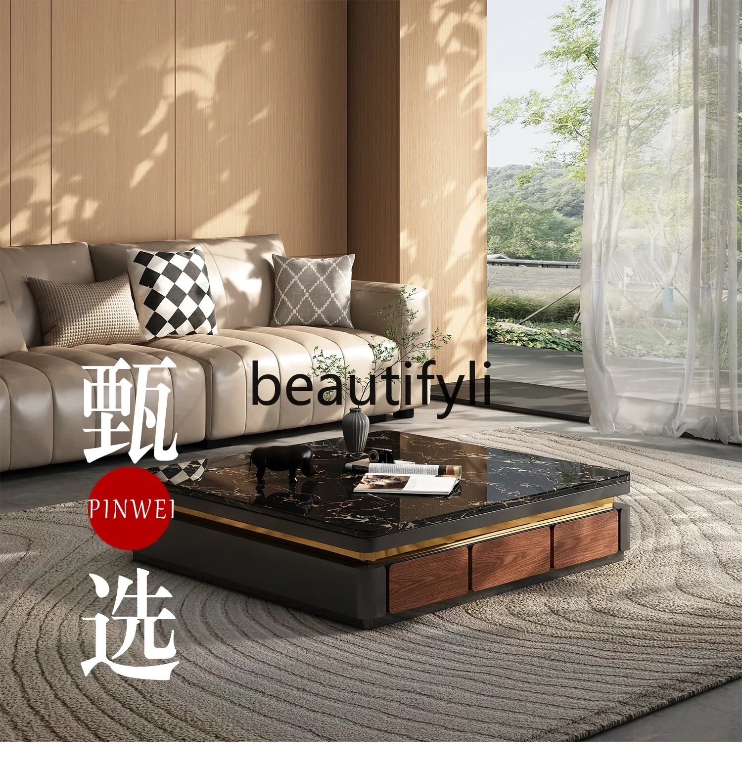 2003 High-end Villa Natural Marble Solid Wood Coffee Table Living Room Luxurious Feel