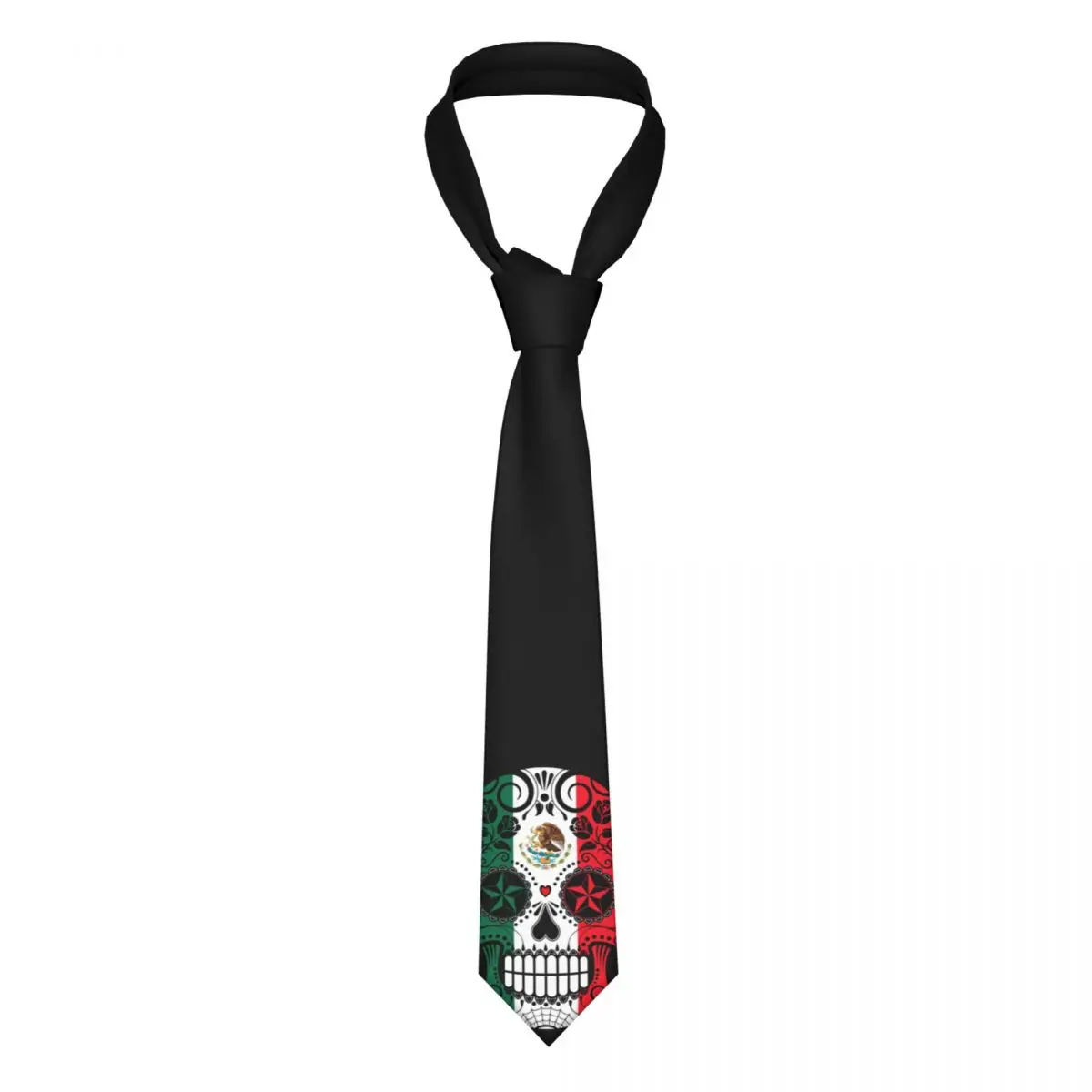 Sugar Skull With Roses And Flag Of Mexico Slim Necktie Unisex Polyester 8 cm Wide Neck Ties for Men Accessories Office