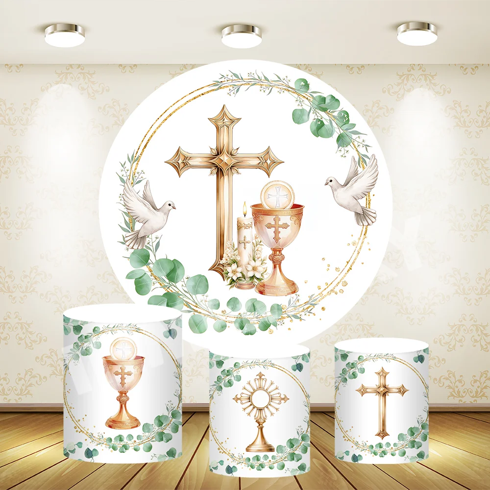 My First Communion Party Round Backdrop Cover Dove Cross God Bless Circle Background Baby Shower Decoration Cake Table Banner