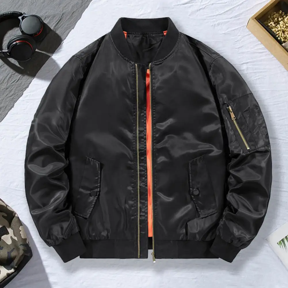Men Baseball Jacket Stand Collar Long Sleeve Zipper Closure Coat With Pockets Ribbed Cuffs Hem Outwear Plus Size Aviator Jacket