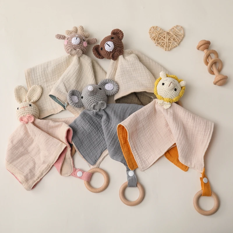 Cotton Baby Soother Towel Bib Animal Rabbit Sleeping Doll Infants Soft Comfort Bib Wooden Teether Ring Baby Nursing Accessories