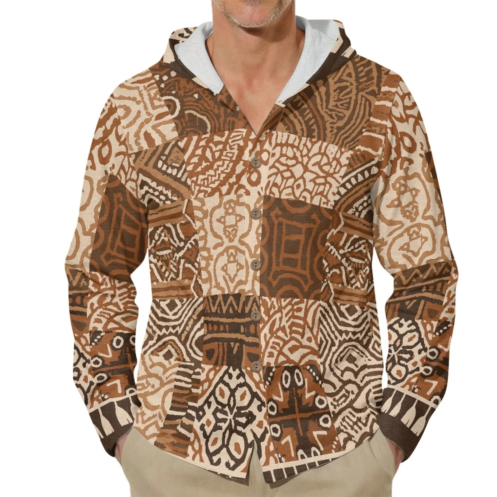 PENSTROLL Geometry Button Down Fashion Tops for Beach Linen Like Hooded Tops Size S-3XL