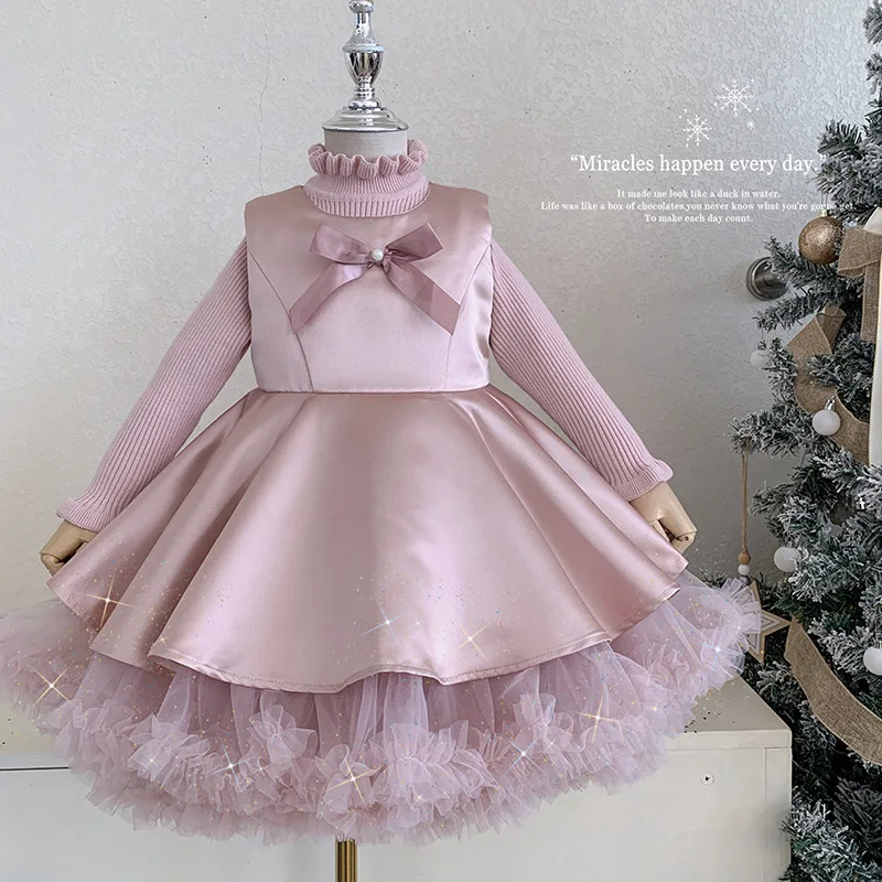 

Girls Spring Autumn 2025 New Knitted Base Top Sleeveless Bow Puff Dress Two Piece Set Girls Elegant Dress