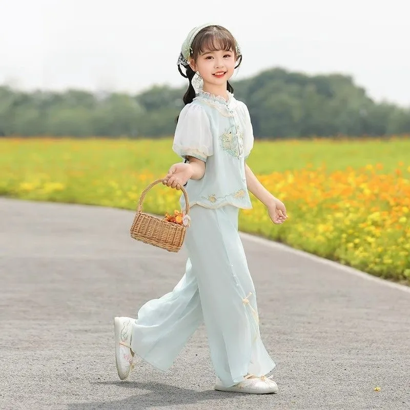Girls' New Chinese Summer Embroidered Top Children's Ancient Improved Hanfu Tang Kids' Short Sleeve Top Pants 2-piece Set LJ611